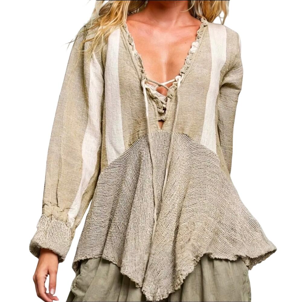 NWOT POL Women’s Boho Coastal Linen Patchwork Linen Lace Up tunic Top